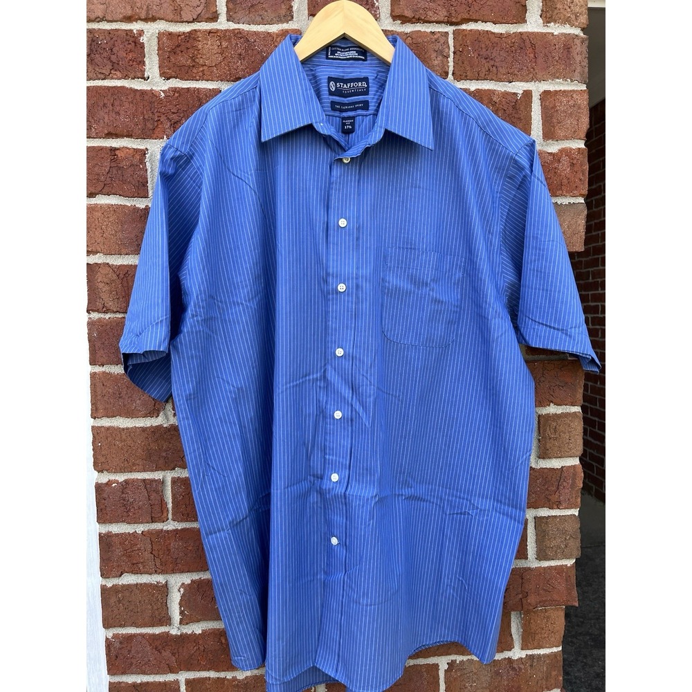 Stafford Regular Fit Short Sleeve Blue White Stripe Mens Sz 17.5 Easy Care Shirt
